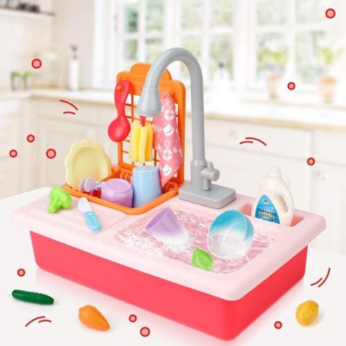 Image of Kitchen Sink Toy Set with Running Water Tap - Pretend Play Dishwasher Kitchen Playset with Utensils, Cups, Vegetables & Cleaning Accessories for Boys and Girls Kids