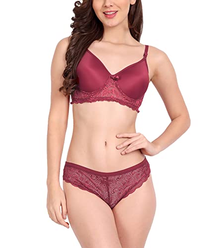 Image of FIMS - Fashion is my style Women Cotton Floral Lace Padded, Non-Wired, Full Coverage, Seamless Bra Panty Set, Multicolor, Lingerie Set