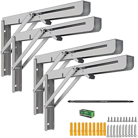 MySit 16" Folding Shelf Brackets 4 PCS, Max Load 550lb Heavy Duty Stainless Steel DIY Collapsible Wall Mounted L Shelf Bracket Space Saving for Table Work Bench Cover