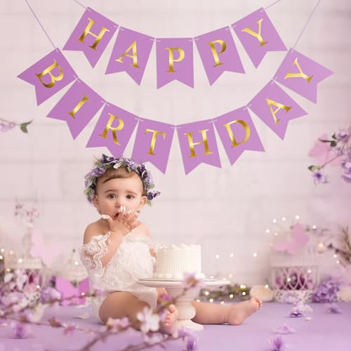Image of Happy Birthday Banner Party Banner NO DIY Birthday Sign Purple and Gold