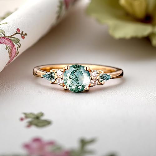 Vintage Moss Agate & Moissanite Cluster Ring | Round Kite-Cut Green Agate in Solid Gold | Dainty Engagement, Wedding, or Bridal Ring for Women2