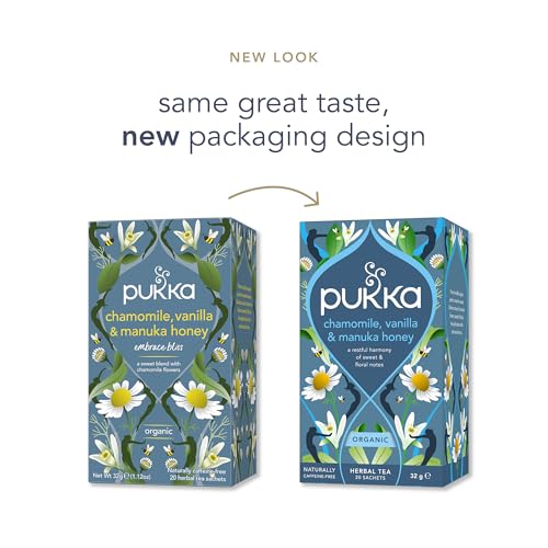 Pukka Herbs | Chamomile, Vanilla and Manuka Honey Organic Herbal Tea Box | Infusion With Licorice & Fennel | Perfect For Calming | Caffeine Free | 4 Packs | 80 Plant Based Biodegradable Tea Bags