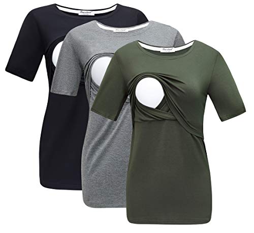 Image of Bearsland Women's 3 Packs Maternity Nursing Tops Short Sleeve Breastfeeding Shirts