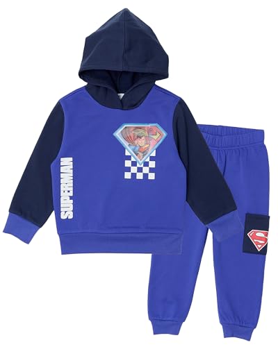 DC Comics Superman Toddler Boys Outfit Set - Two Piece Hoodie Sweatshirt with Holographic Patch & Cargo Jogger Pants (Blue 4T)