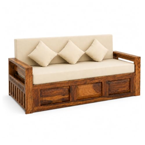 Image of SONA ART & CRAFTS Regal Sheesham Wood 3 Seater Sofa Cum Bed | Wooden 3 Seater Sofa for Living Room Wooden Furniture Sofa Bed for Home (Natural Finish)