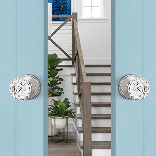Knobelite (2 Pack Diamond Crystal Glass Interior Door Knobs Non-Locking,Dummy Door Knobs For French Doors,Round Crystal Glass Keyless Door Knobs Interior,Dummy Function,Satin Nickel #TOP3