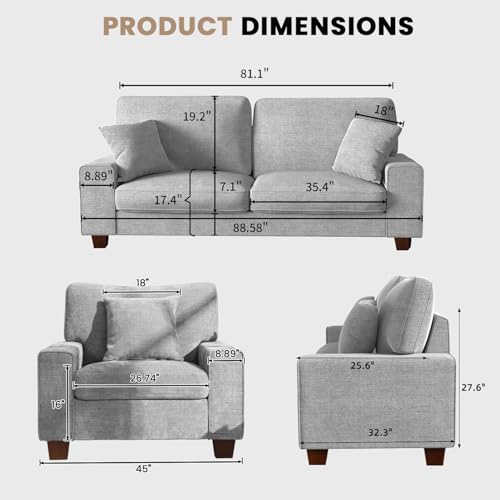 Image of DOPEDIO Modern Living Room Sofa Set, 88.58 inch Chenille Loveseat with 2 Accent Chairs, Removable Covers, Spring Cushions, Solid Wood Frame, Easy Assembly(88.58inch+2 Single,Light Gray)