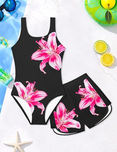 Image of Girls Swimsuit One Piece Swimsuits Color Block Bathing Suit for Girls Adjustable Strap Padded Swimwear with Shorts