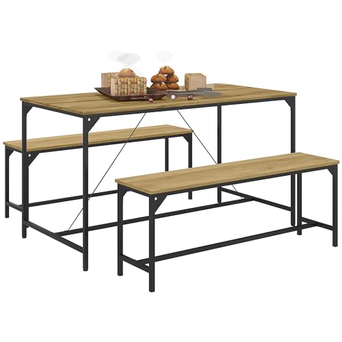 HOMCOM Essgruppe 3er-Set, Küchentisch-Set, Esstisch mit 2 Bänken für 4 Personen, Esszimmergruppe, Tischgruppe für Küche, Wohnzimmer, Natur