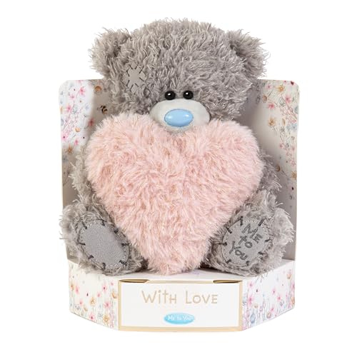 Me To You Tatty Teddy Plush 15cm-High With Love Bear Holding Fluffy Heart On Luxury Gift Plinth - Official Collection Grey