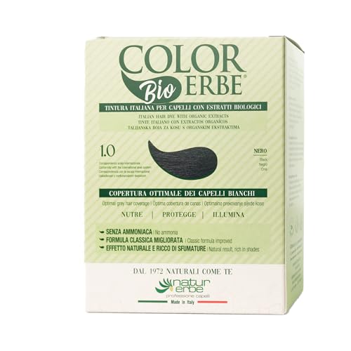 Colorerbe tinte permanente con extracto. bio Black (1.0), en Gel, Sin Amoniaco, Resorcina, Parabenos, Cobertura Óptima de Cabellos Blancos, Nutre, Protege, Ilumina, MadeInItaly