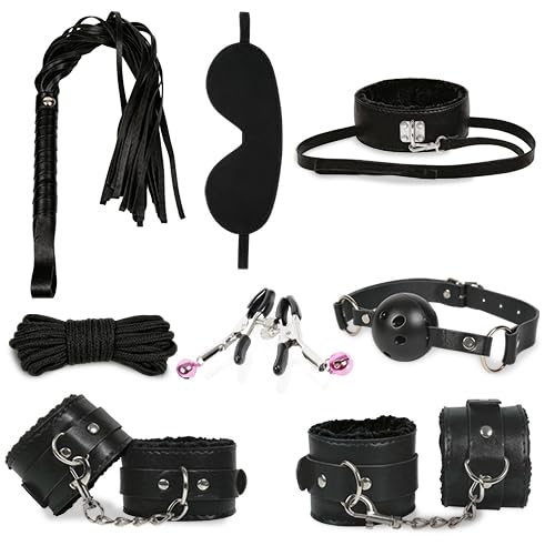 Image of BDSM Bondage Sex Toys Restraints - 8 Kit Gear for Ball Gag Sex Whip Cuffs Rope Collar Blindfold Leash (Black)