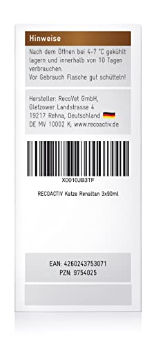 RECOACTIV Renaltan Tonicum für Katzen, 3 x 90 ml, mit Phosphatbinder zur Reduktion der Phosphataufnahme aus der Nahrung und Unterstützung der Nierenfunktion, Ergänzungsfuttermittel