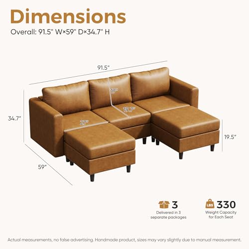 Image of ABCASA Faux Leather U Shaped Modular Sectional Sofa 91.5 inch, 5 Seater Couch with Movable Ottoman Deep Seat and Storage Seat with Removable Cover for Living Room, Apartment - Brown