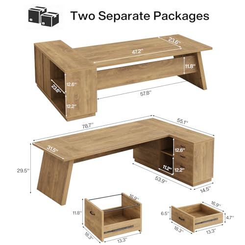 Image of Tribesigns 78 inch L-Shaped Executive Desk, Large Modern Office Desk with Drawers and Lateral File Cabinet, Business Furniture with Storage Shelves, Big Computer Table for Home Office (Brown)