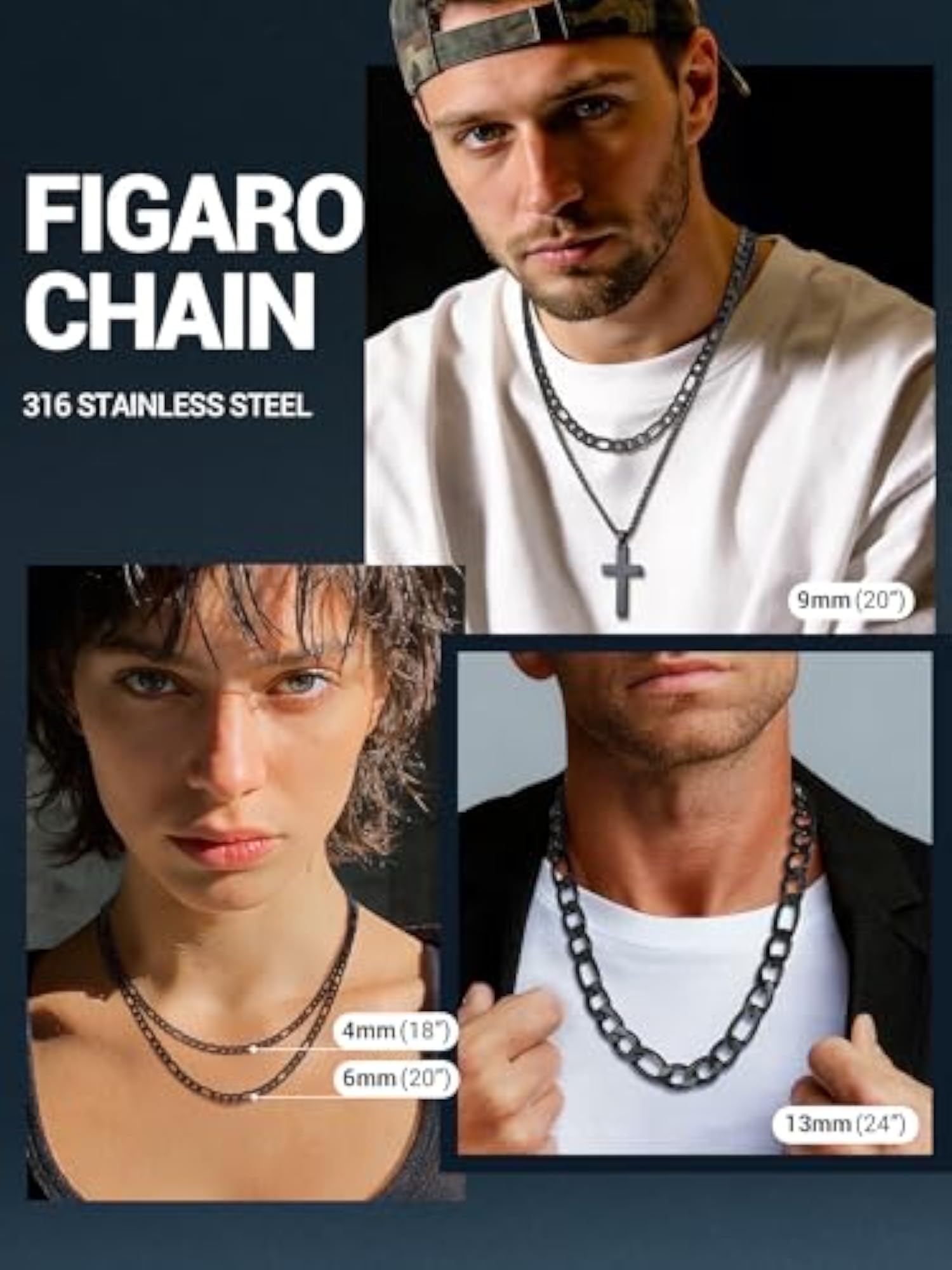 Figaro Chain Necklace for Men/Women, Black/Gold Plated