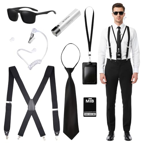 8 Pcs Agent Costume Accessories Black Mens Costume Accessories Include Black Sunglasses Necktie Y-Suspender Earpiece ID Card Holder Flashlight Secret Agent Dress Up for Women Men Carnival Halloween