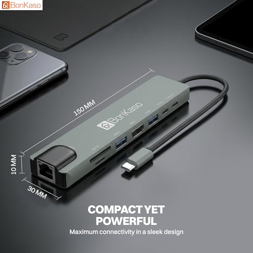 Image of BonKaso 8-in-1 USB C Hub with 4K HDMI, 100W PD Charging, Gigabit Ethernet, 3 USB 3.0 Ports, SD /TF Card Reader, Type C Multiport Adapter for MacBook Pro /Air, Dell, HP, Lenovo, iPad Pro & USB-C Laptops