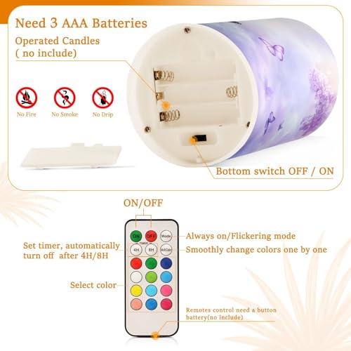 Image of Purple Lilac Butterfly Flowers Flickering Flameless Candles LED Battery Operated with Remote Timer Pillar Candles for Home Birthday Wedding Christmas Decor, Set of 2