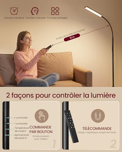 Lampadaire LED 15W 1500 lm avec télécommande VASAGLE