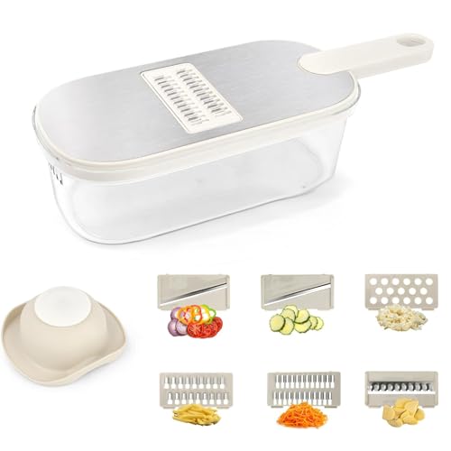 LIIGOU Mandolina per Verdure Professionale 6-in-1 Affetta Verdure in Acciaio Inox con 6 Lame Manuale Multifunzione Taglia Patate Mandolina Regolabile Spessore