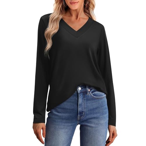 Women's Long Sleeve Shirts V Neck Casual Loose Fit Fall Tops Fashion Trendy Dressy Clothes Basic Tee Winter Tunic2