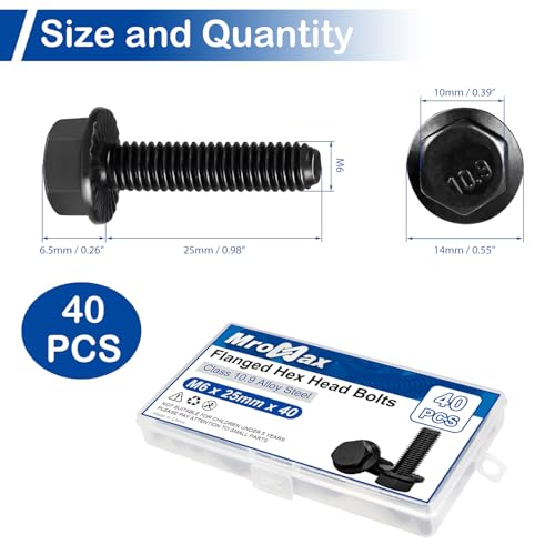 Image of M6-1.0 x 25mm Flanged Hex Head Bolts, 40Pcs Serrated Flange Bolt, Class 10.9 Alloy Steel, Black Oxide, Coarse Thread Fully Threaded, External Flange Hex Drive Screws, DIN6921 /GB5789