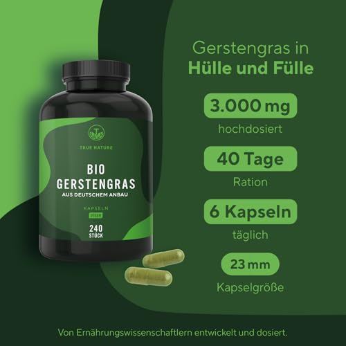 Bio Gerstengras – 240 vegane Kapseln – 3.000 mg pro Tag – aus deutschem Anbau & in Deutschland produziert – laborgeprüft & biozertifiziert – hochdosiert, vegan & frei von Zusatzstoffen – TRUE NATURE® 4