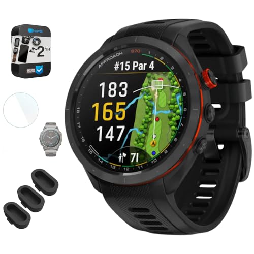 Garmin 010-02746-02 Approach S70 42 mm Premium GPS Golf Watch Black Band Bundle with Deco Essentials Silicone Dust Cover 3 Pack, 1.4 Inch Screen Protector and 2 YR CPS Enhanced Protection Pack