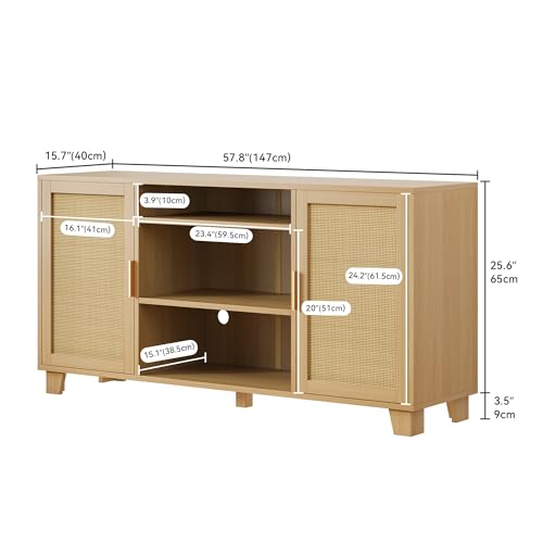 DWVO Rattan TV Stands for TVs up to 65 Inch, Entertainment Center with Large Rattan Door, Boho Media Console with Adjustable Shelf, 1 Solid Wood Feet, Cord Holes, TV Stands for Living Room