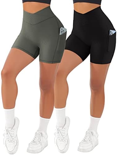 OMKAGI Women Cross Waist Workout Shorts with Pockets 4" Ribbed High Waisted Yoga Biker Shorts