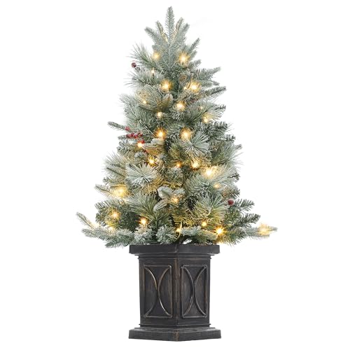 GAOMON 3ft Christmas Tree Pre-Lit Artificial Christmas Tree with Vintage Potted Base, Flocked Snow 78 Warm White LED Lights Red Berries, Festival Decoration Xmas Holiday Decor for Home, Entrances