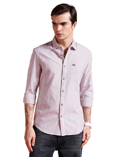 Image of The Indian Garage Co Men Slim Fit Striped Full Sleeves Cutaway Collar Casual Shirt