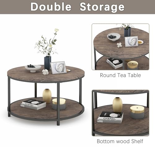 Image of NSdirect Round Coffee Table, 27.5 inch Small Coffee Table for Living Room,2-Tier Rustic Wood Desktop with Storage Shelf Modern Design Home Furniture(Light Walnut)