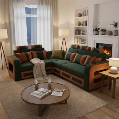 Image of APRODZ Solid Wood 6 Seater Sofa Set Velvet Fabric Sectional L Shaped Sofa for Home Office Guests Living Room Cushioned Seating for Home & Lounge Use (Green & Brown)