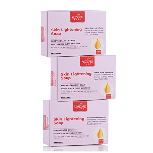Kozicare Plus Skin Lightening Soap with Kojic Acid 2.5%, Glutathione 1%, Arbutin 1.5%, Vitamin C 2%, Vitamin E, Vitamin A, Licorice 2%, Glycolic Acid 3%, Rosehip Oil, Niacinamide 1% - 75gm (Pack of 3)