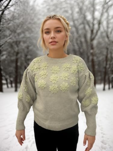 Image of Women's Loose Fitting Heavy Embroidery Three-Dimensional Flower Long Sleeved Knitted Pullover Sweater top