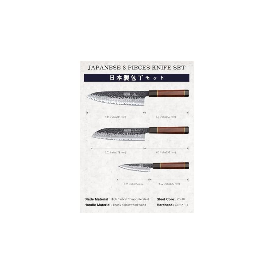 HOSHANHO 3 Pieces Knife Set, Professional VG-10 Super Steel Kitchen Knives Set, Ultra Sharp Japanese Chef Knife Set with Ergonomic Handle & Gift Box