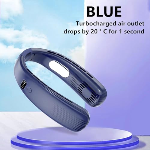 Image of One94Store Portable Bladeless Hanging Neck Fan - Modern Design, 12 Air Outlets, 2400mAh Rechargeable Battery, USB Powered, 5-Speed Hands-Free Cooling Fan, Up to 6 Hours Use for Indoor&Outdoor (Blue)