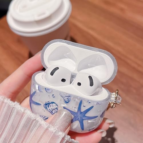Image of MINSCOSE for AirPods 4 Clear Case,Cute Glitter Seashell and Starfish Pattern Design with Folral Keychain,Soft TPU Protective Cover for Girls Women for AirPods 4-Blue