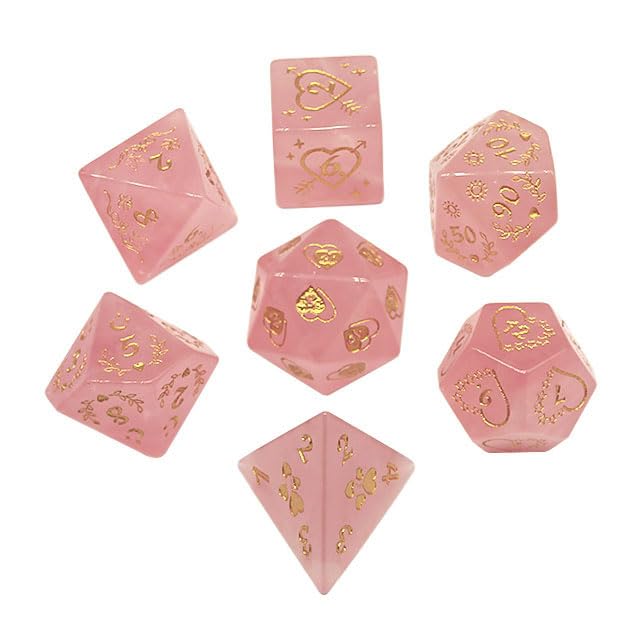 Dice Set 7 PCS Gemstone Crystal D&D Dice with Gift Case for Dungeons and Dragon Tabletop Game (Heart Pink Crystal)