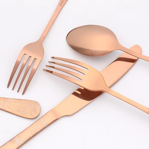 DRMHM 20 Piece Silverware Set, Stainless Steel Floral Flatware Set for 4, Modern Cutlery Set Includes Dinner Knife, Fork, Spoon 20Pcs Black by DRMHM - Used condition - Image 5