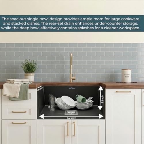 Image of ARQUIN Quartz Sink 24x18x9 Inch Black | Single Bowl Sink | Durable & Scratch-Resistant | Undermount /Topmount Including Coupling, Waste Pipe & Fruit Washing Basket