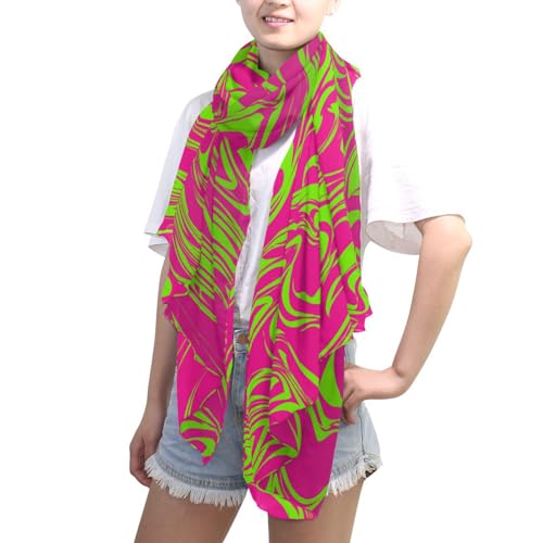 OTVEE Silk Like Scarf Neon Green and Pink Pattern Scarf Soft Lightweight Chiffon Scarf Shawl Wrap for Women4