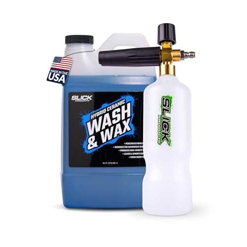 Slick Products Wash & Wax (64 oz.) + Pressure Washer Foam Cannon Bundle – Super Concentrated Car Wash Foam Shampoo for Car, Truck, RV, Motorcycle, Trailer, and Boat