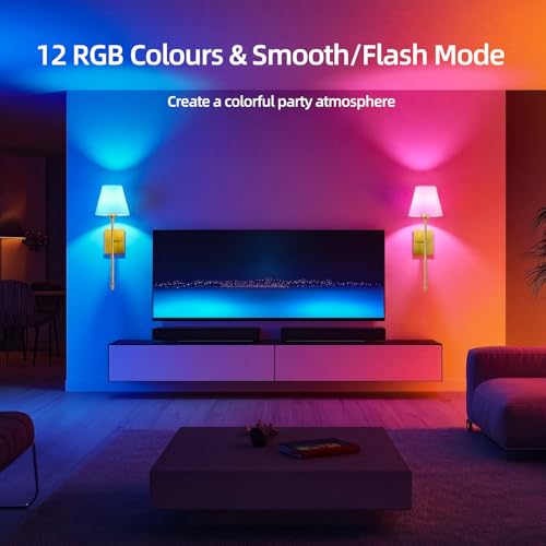 Image of Rechargeable Battery Operated Wall Sconces Set of 2, Gold Wireless Fabric Shade Wall Sconce with Remote Control, Dimmable RGB Color Changing Wall Lamp for Bedroom Living Room Hallway, 20.47 inch Tall