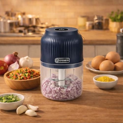 Image of OPENBOX Mini Electric Chopper & USB-C Portable Blender - 350 ml Food Processor, Egg Beater & Coffee /Protein Mixer - Whisk Froth Milk Puree Blend Fruits & Veggies - Rechargeable Kitchen Gadget (Blue)