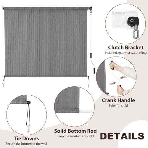 SEEYE Outdoor Sunshade Roller Shades 120" W x 96" H, Cordless Roll Up Shade Blinds Privacy Screen with 90% UV Protection, Exterior Patio Shade Cloth for Porch Pergola Balcony Windows, Dark Gray by SEEYE - Used condition - Image 3