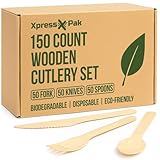 150pcs Wooden Cutlery Set – Disposable, Biodegradable & Eco-Friendly | Forks, Knives & Spoons for Parties, Picnics – Plastic-Free | XpressPak
