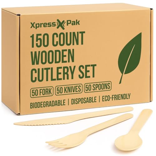 150pcs Wooden Cutlery Set Disposable Biodegradable & Eco-Friendly | Forks Knives & Spoons for Parties Picnics Plastic-Free | XpressPak